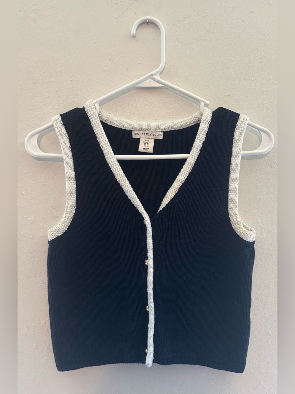 Knitted V-Neck Vest with White Trim & Gold Buttons